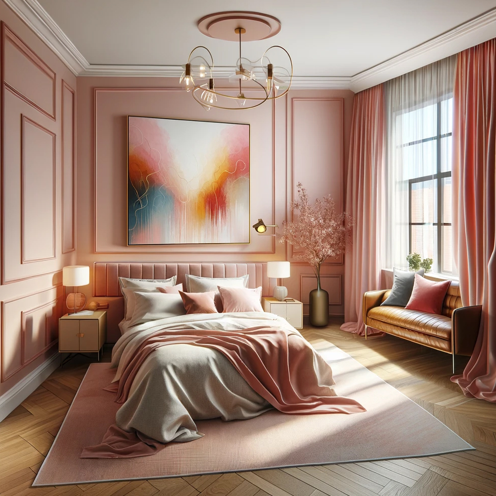Pink-Bedroom-Walls-with-Peach Curtains