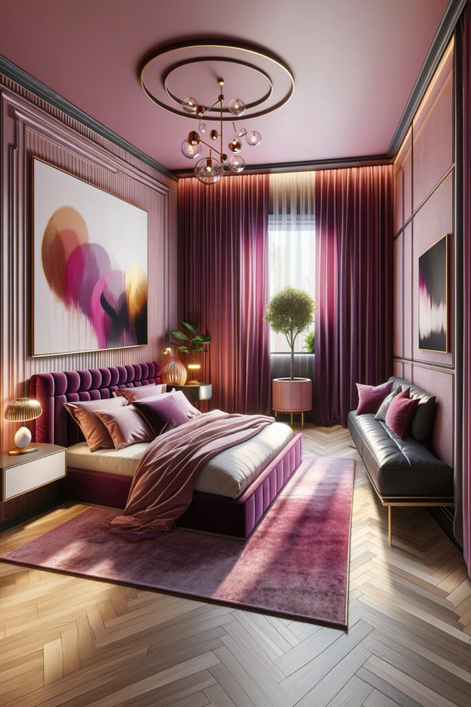 Pink-Bedroom-Walls-with-Plum Curtains