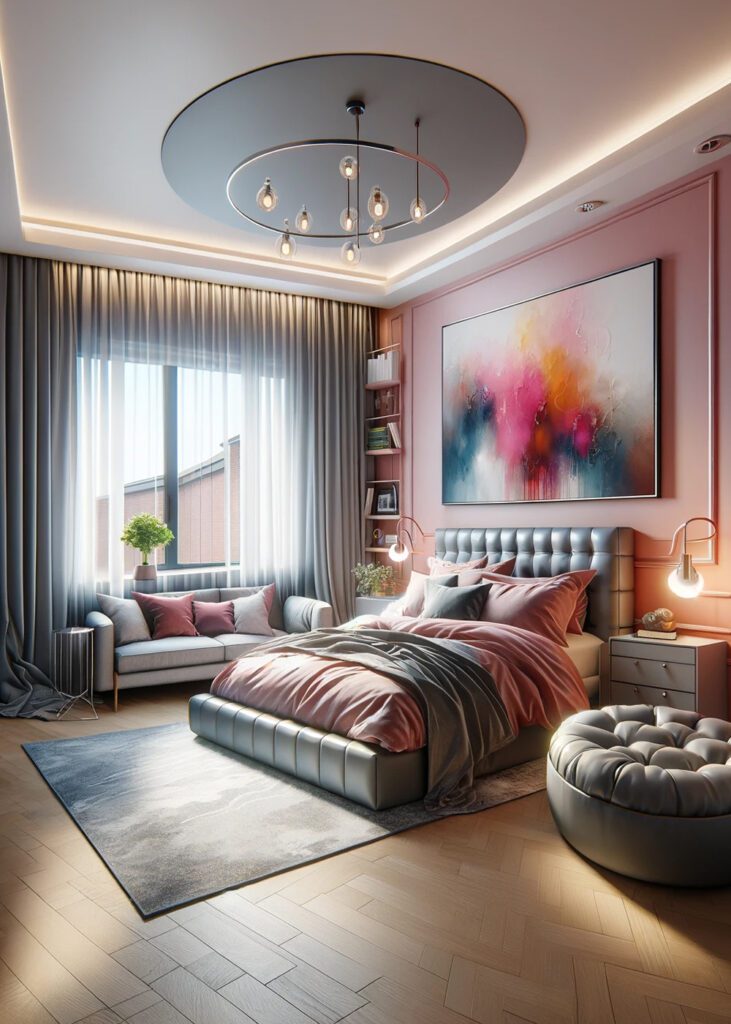 Pink-Bedroom-Walls-with-Silver Curtains