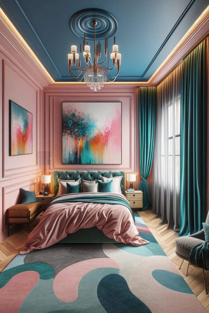 Pink-Bedroom-Walls-with-Teal Curtains