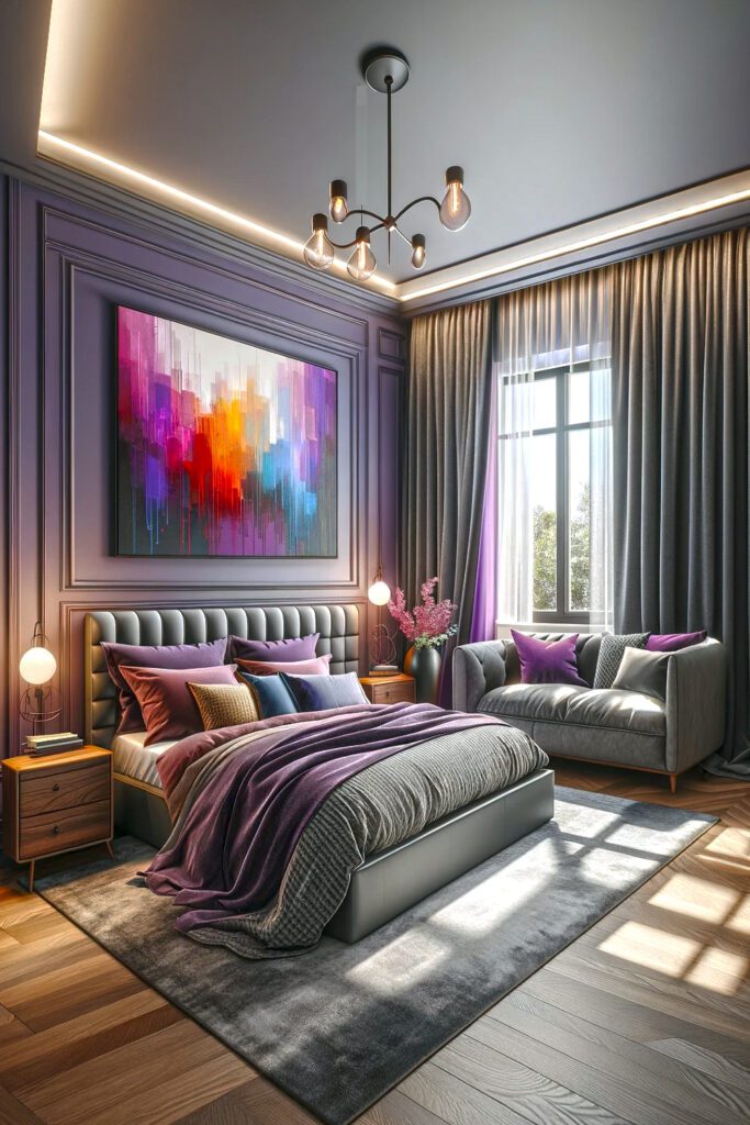 Purple-Bedroom-Walls-Gray Curtains