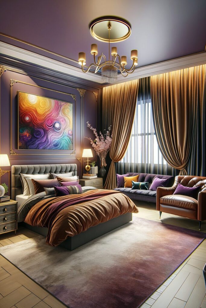 Purple-Bedroom-Walls-with-Gold Curtains