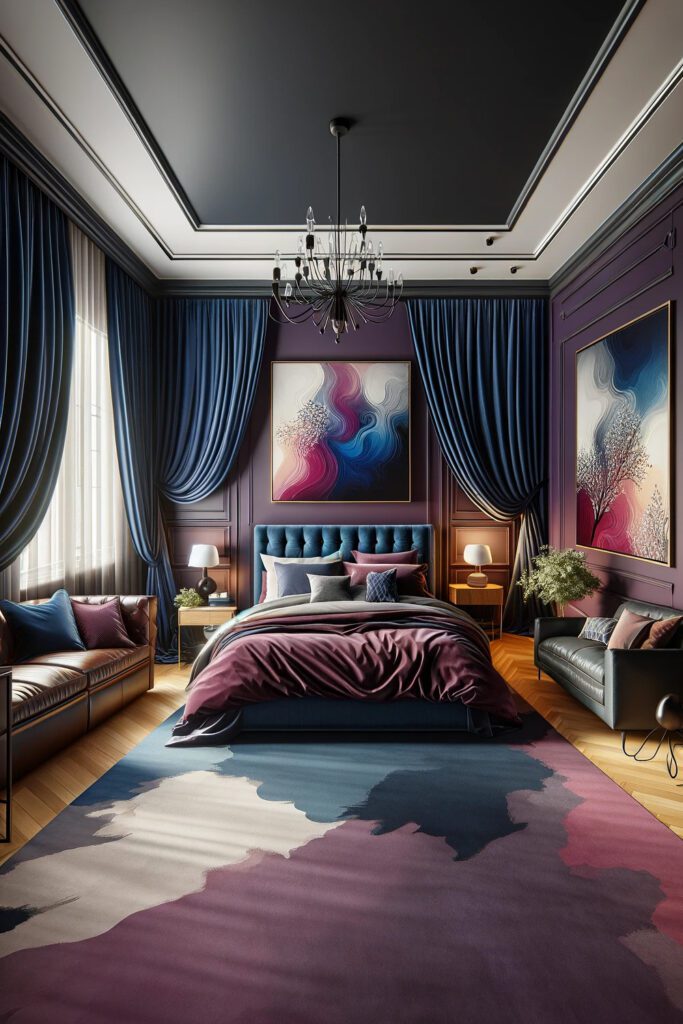 Purple-Bedroom-Walls-with-Navy Blue Curtains
