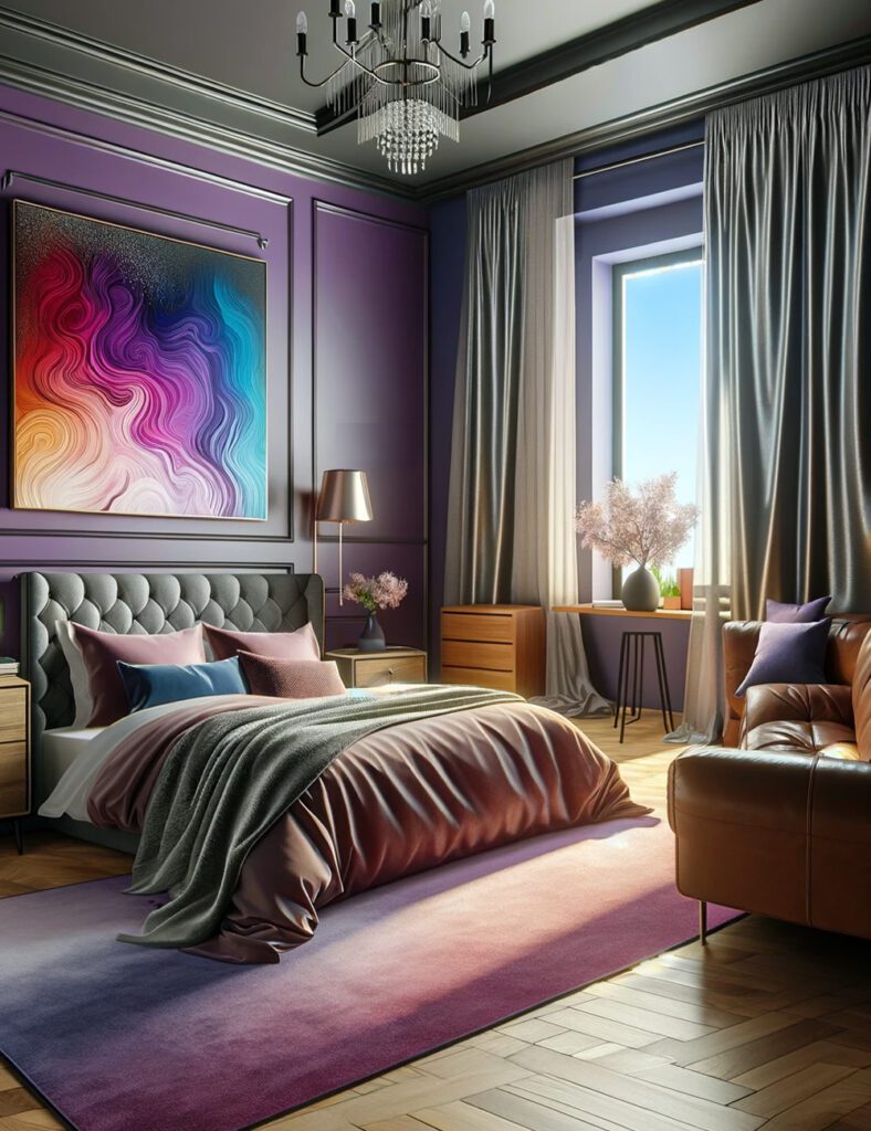 Purple-Bedroom-Walls-with-Silver Curtains