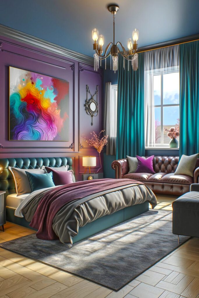 Purple-Bedroom-Walls-with-Teal Curtains