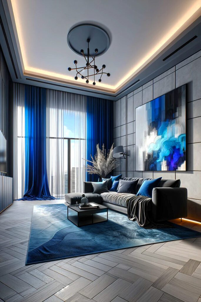 Royal Blue Curtains-With-Gray-Walls-and-Black-Furniture