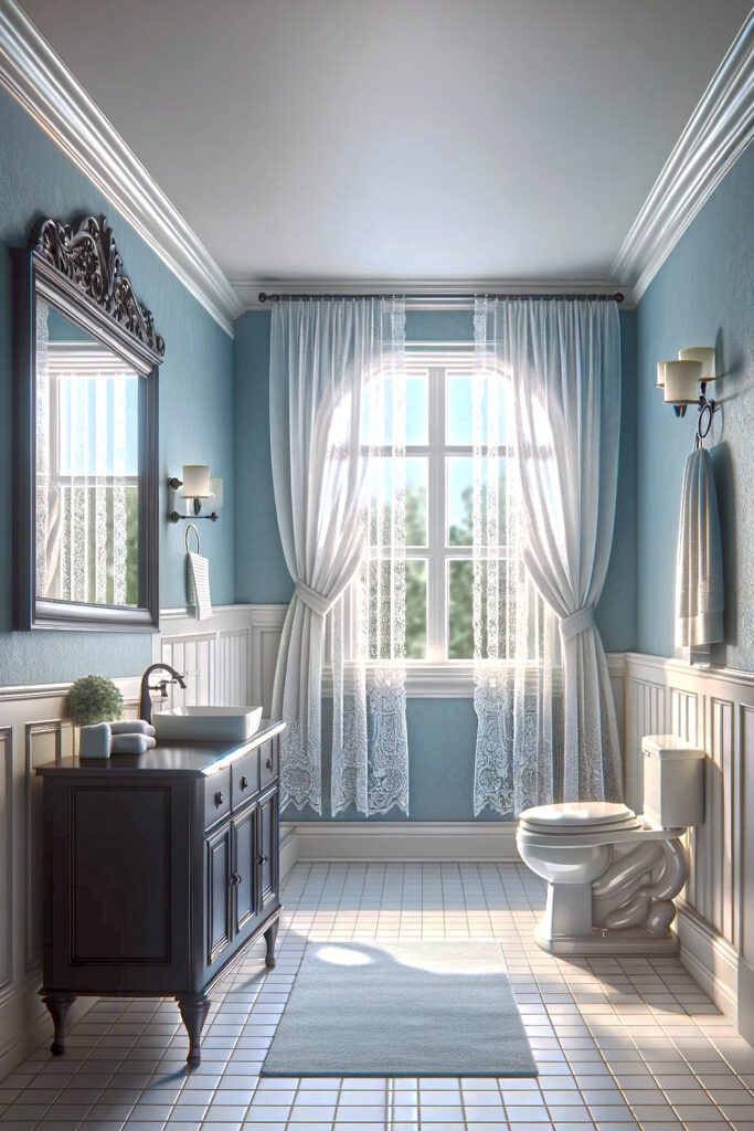 Small Bathroom Window with Sheer White Curtains