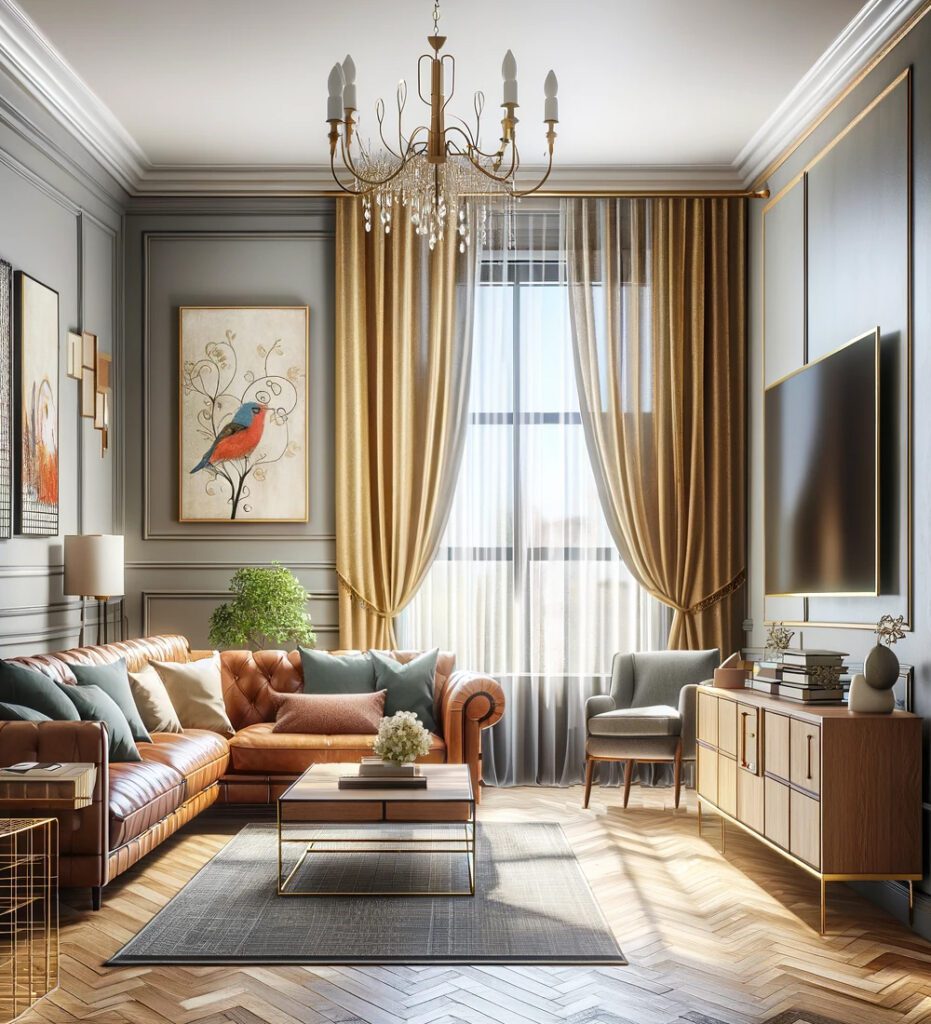 Stunning Living-Room-with-Sheer-Gold-Curtains.