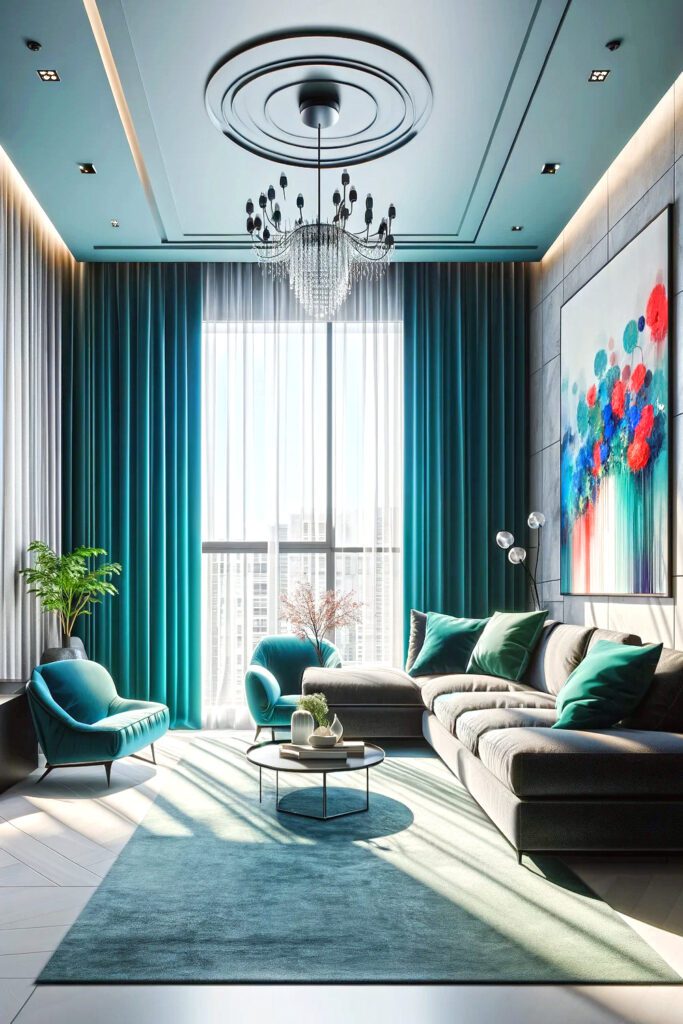 Teal -Curtains-With-Gray-Walls-and-Black-Furniture