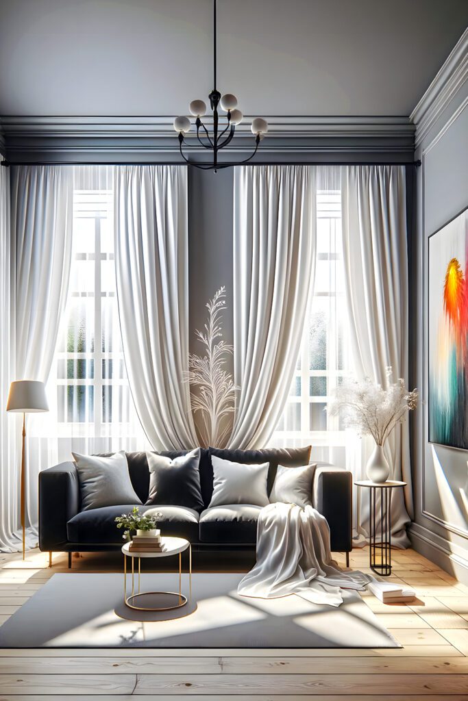 White Curtains With Gray Walls and Black Furniture